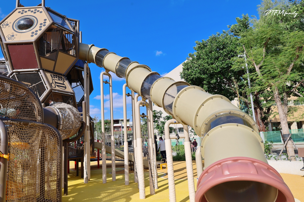 新北最新公園｜新莊快樂公園，蜂巢主題遊戲塔，全齡共享的複合式遊戲場