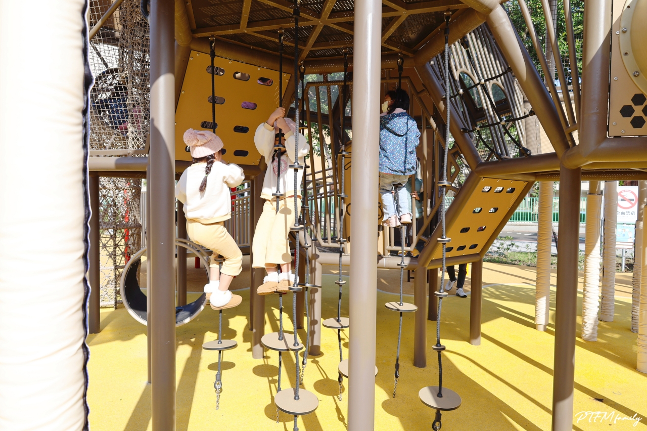 新北最新公園｜新莊快樂公園，蜂巢主題遊戲塔，全齡共享的複合式遊戲場