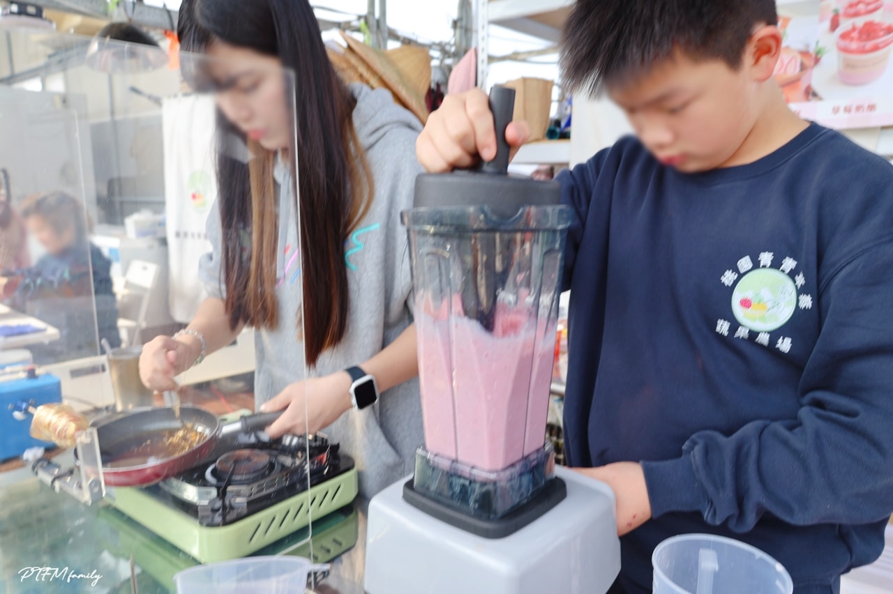 桃園親子景點｜桃園青青草莓蔬果農場，免門票入場可以採草莓、DIY活動-草莓麵條、拔絲糖葫蘆和動物互動